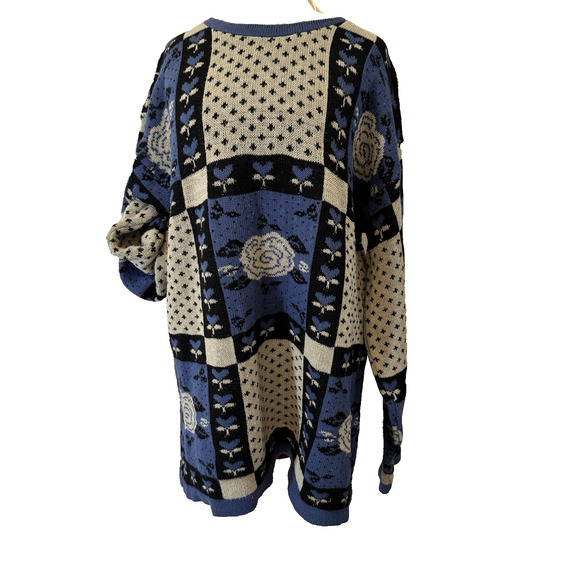Vintage Cottagecore Sweater XL Blue Khaki Patchwork Heart‎ Roses Birdseye Chunky - Picture 1 of 10